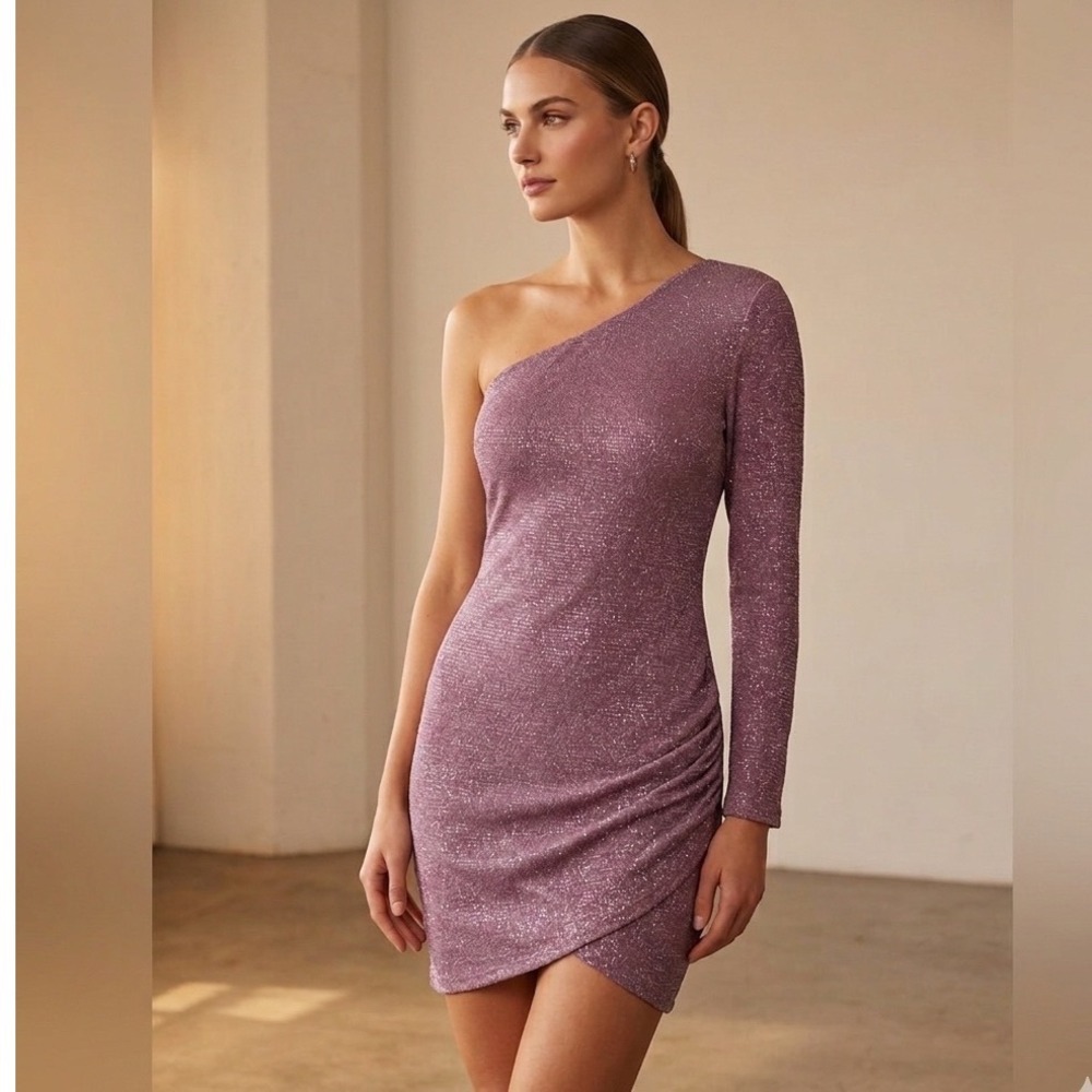 Speechless Women's Mauve glitter One Sleeve Ruched Wrap Dress junior XL Y2K